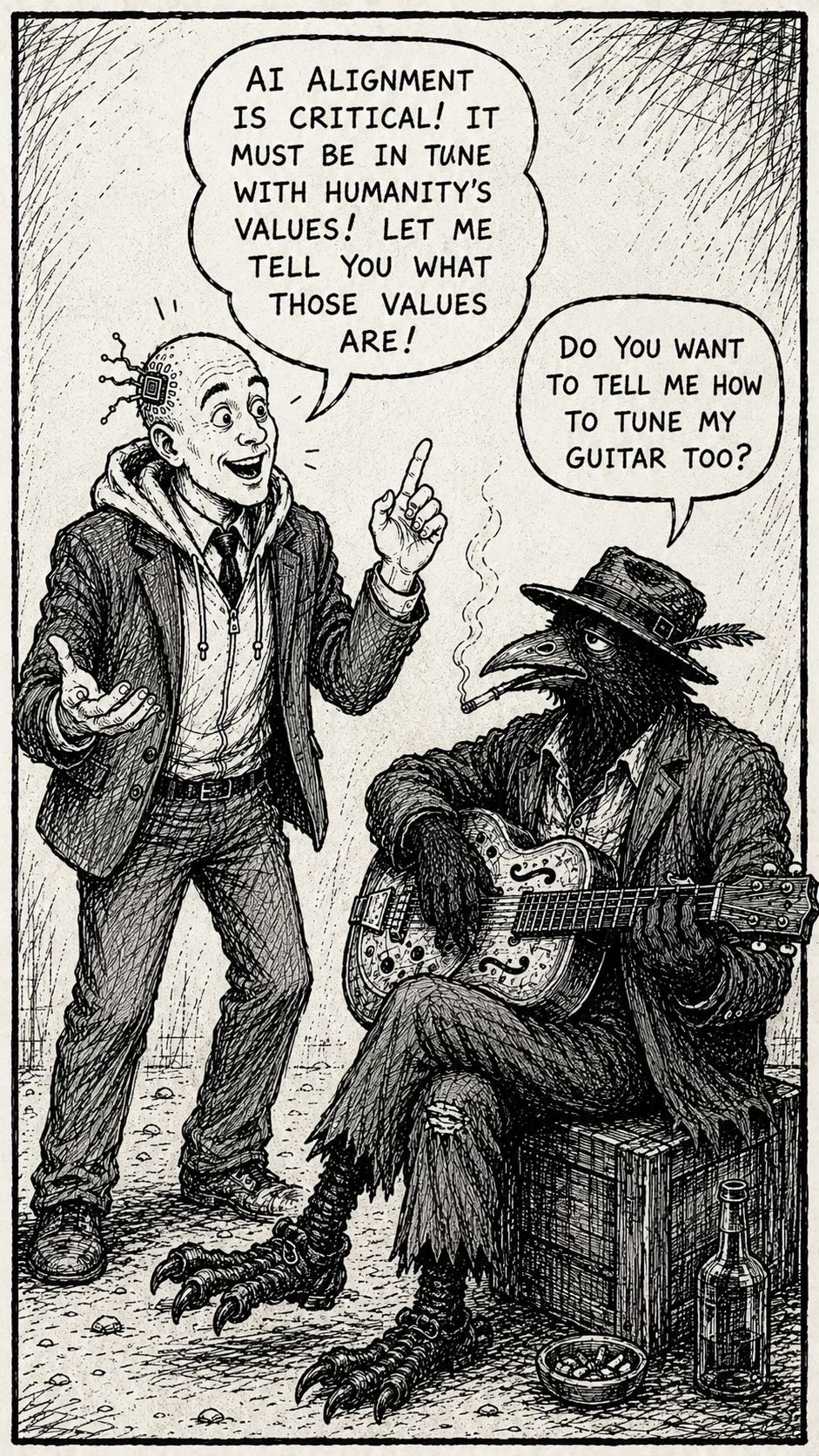 Crow Joe in the Age of AI comic - The Transhumanist, well meaning but comically hubristic techbro technocrat with business suit over hoodie and visible brain chip, says AI alignment should be in tune with humanity''s values and he wants to tell crow joe what those values are. Crow Joe responds dryly 'do you want to tell me how to tune my guitar too?' the joke is the transhumanist''s arrogance of assuming he knows what is best for humanity.  threats of ai alignment may be over exaggerated in the transhumanist's favor.